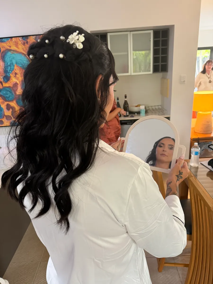 Long dark bridal waves with pearl and floral hair pins styled by Kate Bonnie Hair