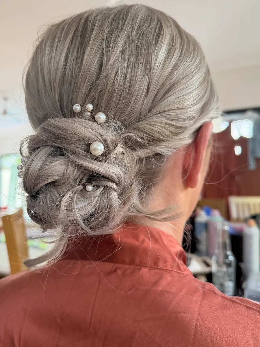 Soft bridal updo finished with pearl hair pins by Kate Bonnie Hair